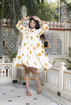Miravan Women's Polka Dot Printed Pure Cotton Yellow Loose Fit A-Line Tiered Dress | Grocsy
