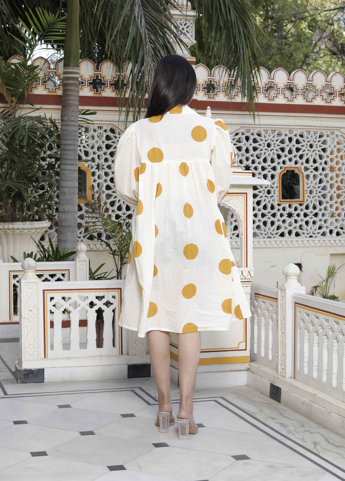 Miravan Women's Polka Dot Printed Pure Cotton Yellow Loose Fit A-Line Tiered Dress | Grocsy