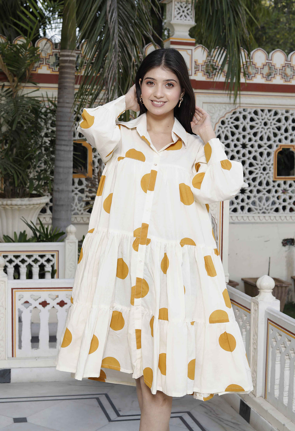 Miravan Women's Polka Dot Printed Pure Cotton Yellow Loose Fit A-Line Tiered Dress | Grocsy