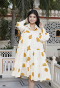 Miravan Women's Polka Dot Printed Pure Cotton Yellow Loose Fit A-Line Tiered Dress | Grocsy