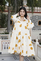 Miravan Women's Polka Dot Printed Pure Cotton Yellow Loose Fit A-Line Tiered Dress | Grocsy