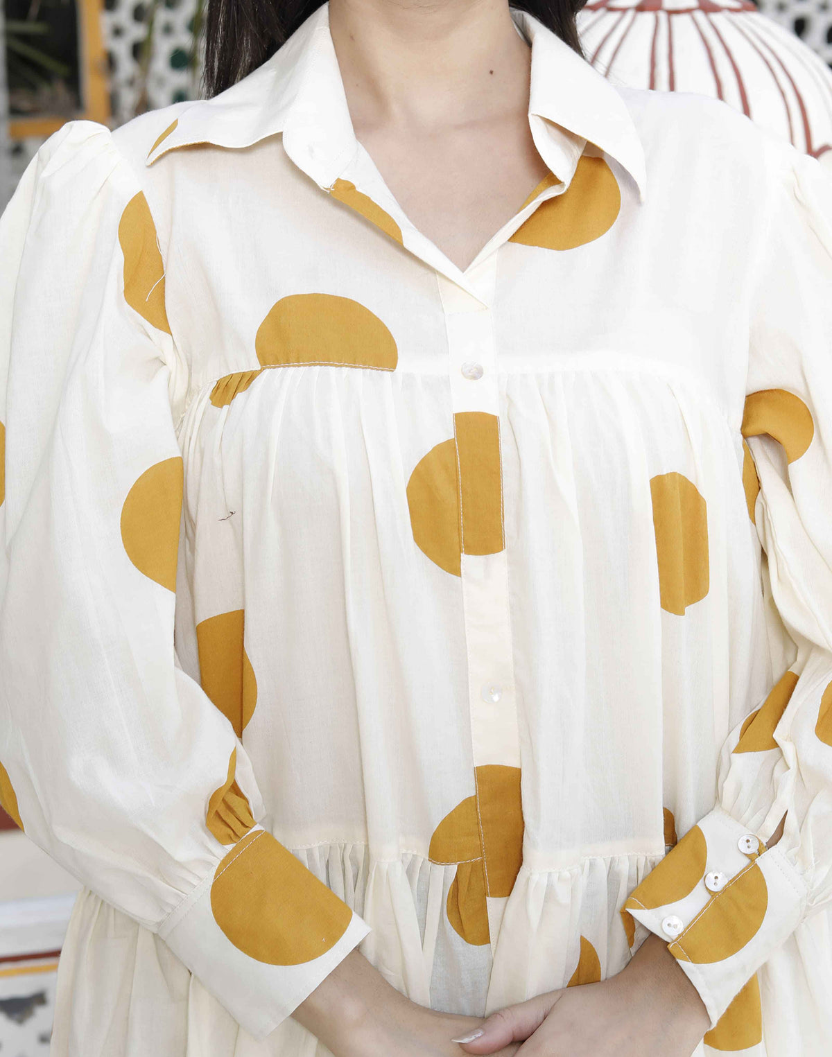 Miravan Women's Polka Dot Printed Pure Cotton Yellow Loose Fit A-Line Tiered Dress | Grocsy