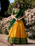 Lorenvalley Yellow Kanchipuram Zari Weaving Work Lehenga Choli with Dupatta | Grocsy