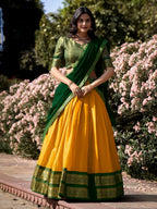 Lorenvalley Yellow Kanchipuram Zari Weaving Work Lehenga Choli with Dupatta | Grocsy