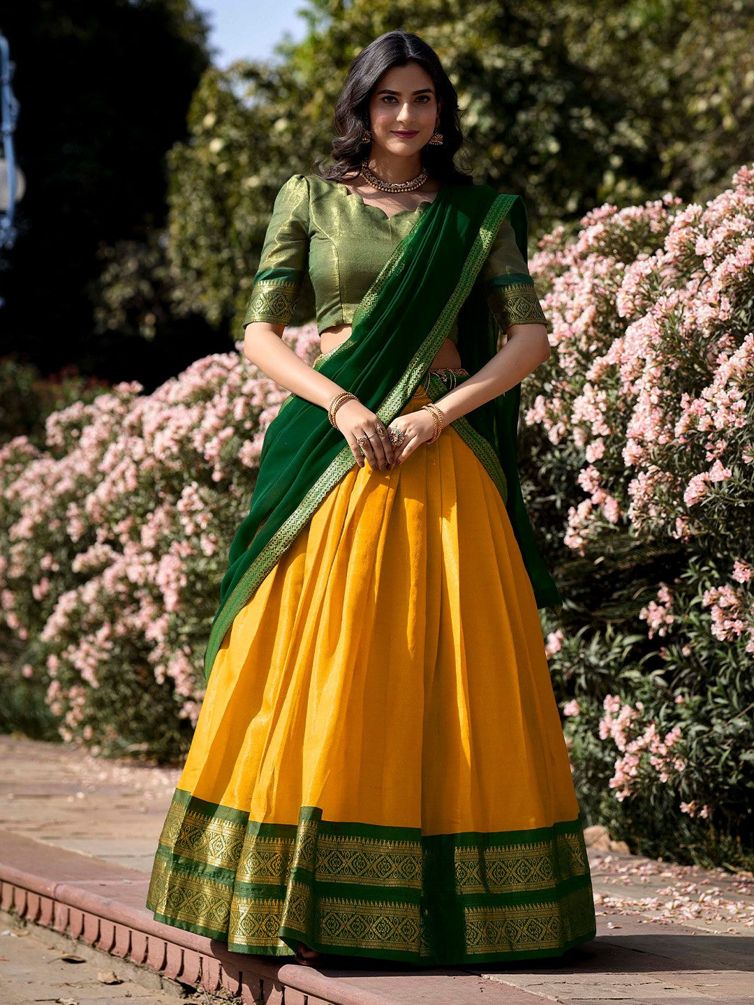 Lorenvalley Yellow Kanchipuram Zari Weaving Work Lehenga Choli with Dupatta | Grocsy
