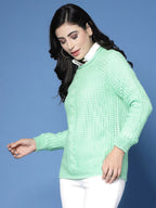 Women Green Acrylic Pointele Sweater - Wool Trees | Grocsy