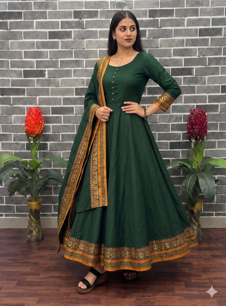 Teeya Creation New Trendy Stylish Green Solid Anarkali Kurta with Traditional Golden Border Dupatta Set | Grocsy