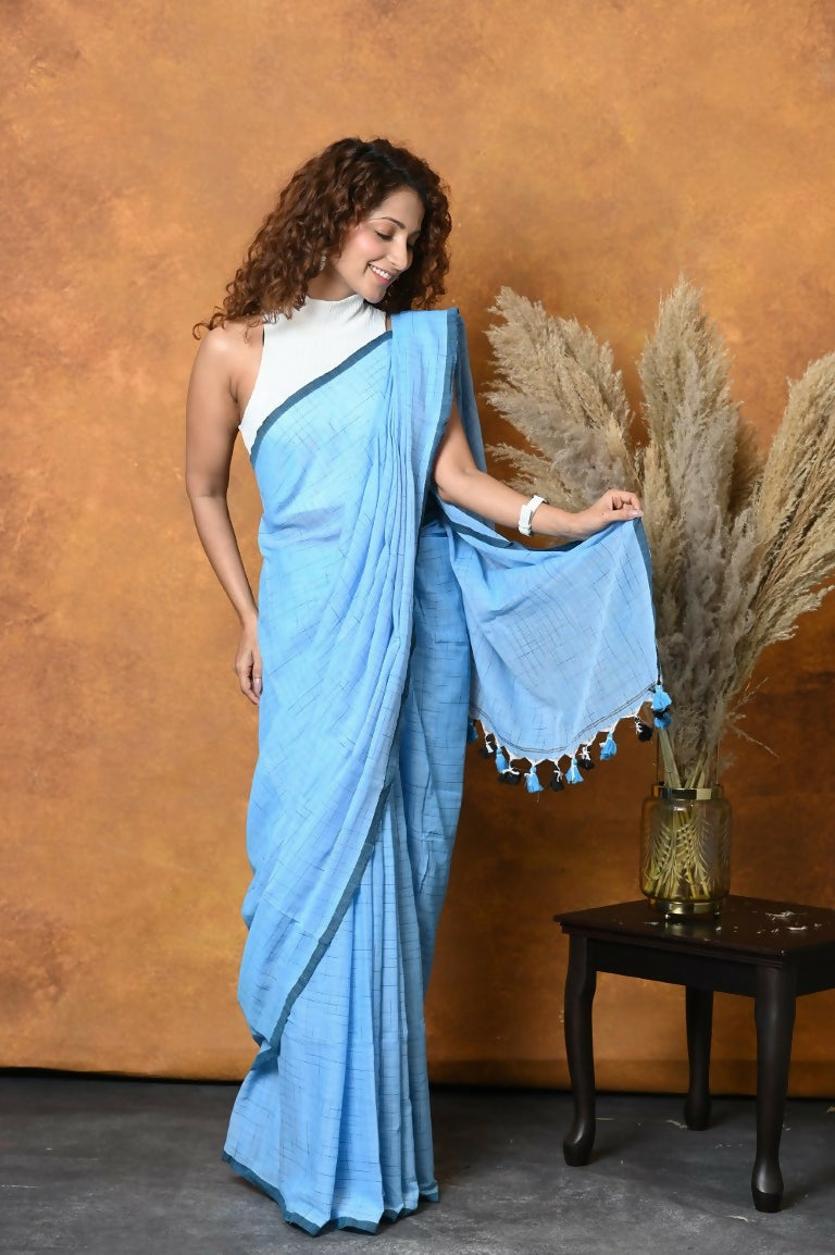 Very Much Indian Mul Cotton Khadi Design Handloom Woven Saree - Blue | Grocsy