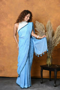Very Much Indian Mul Cotton Khadi Design Handloom Woven Saree - Blue | Grocsy