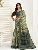 Joban Fashion Cream Zig Zag & Chevron Linen Ready To Wear Saree With Unstitched Blouse | Grocsy