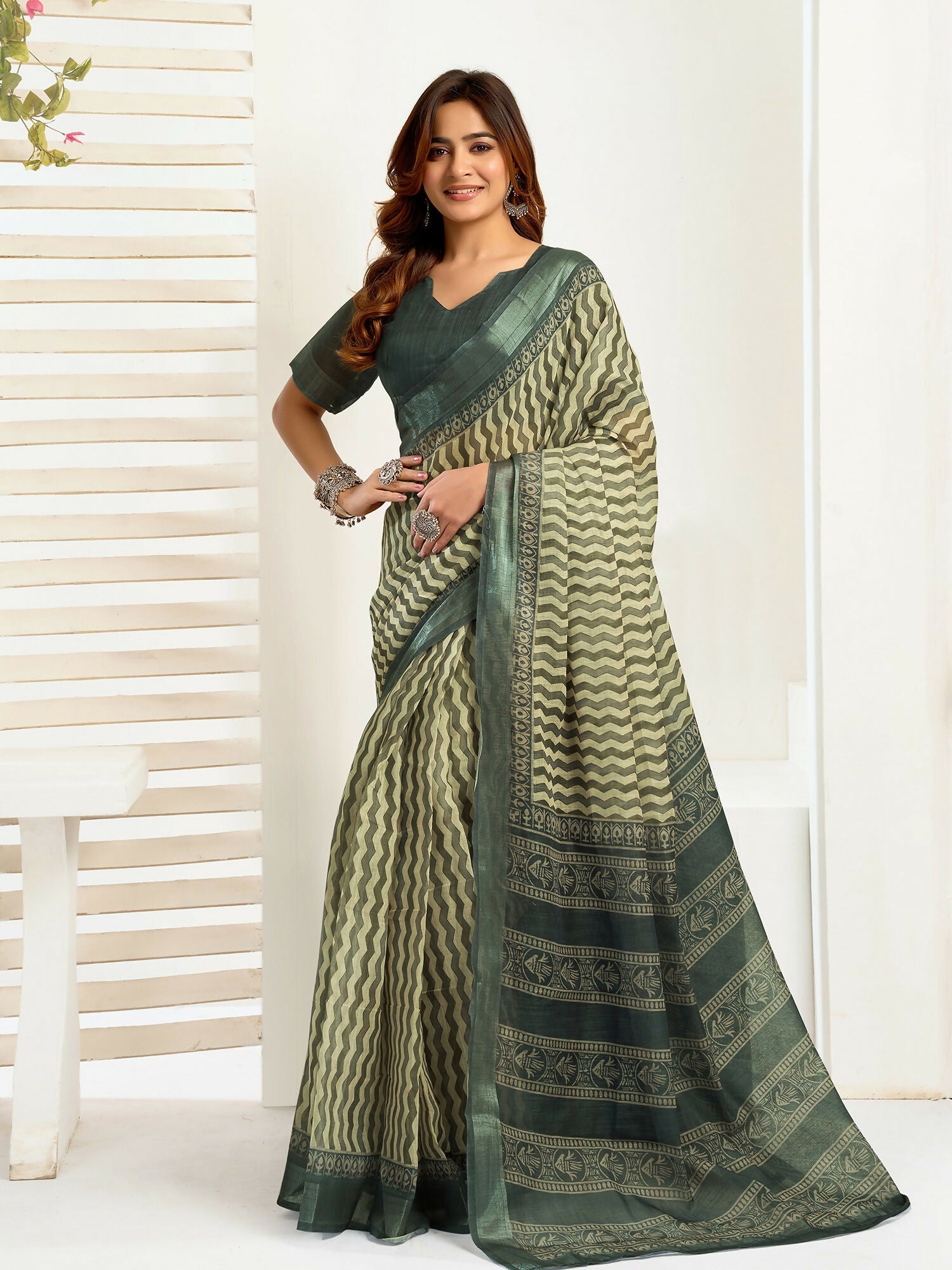 Joban Fashion Cream Zig Zag & Chevron Linen Ready To Wear Saree With Unstitched Blouse | Grocsy