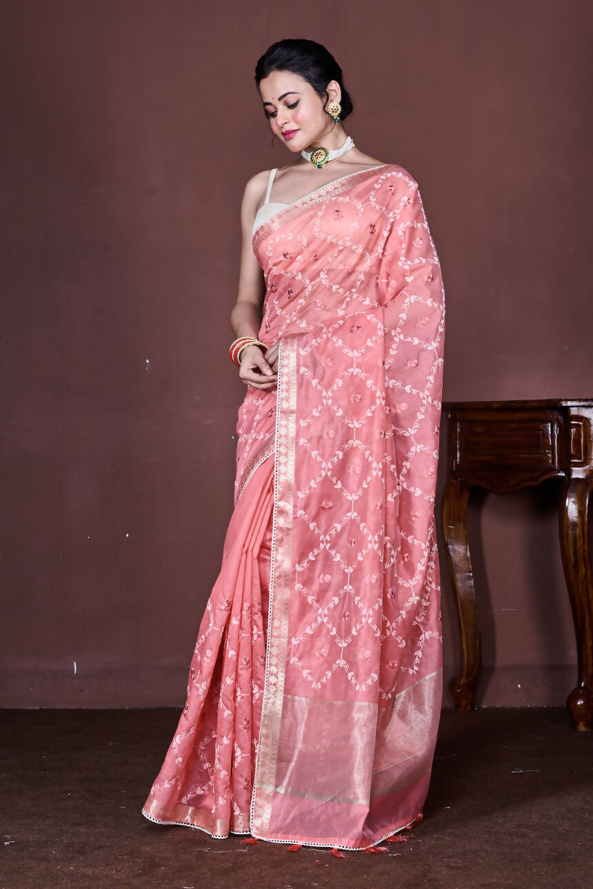 Morchari Peach Cotton Chanderi Embroidery Saree Unstitched Blouse | Grocsy