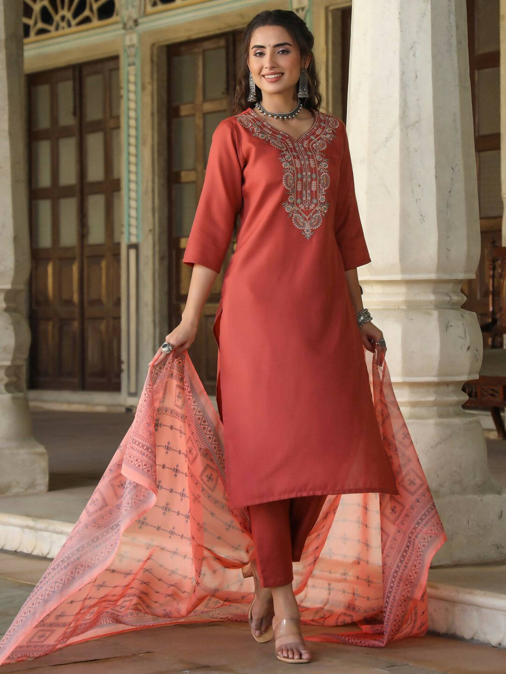 Juniper Women's Rust Silk Solid Embroidered Kurta Set | Grocsy
