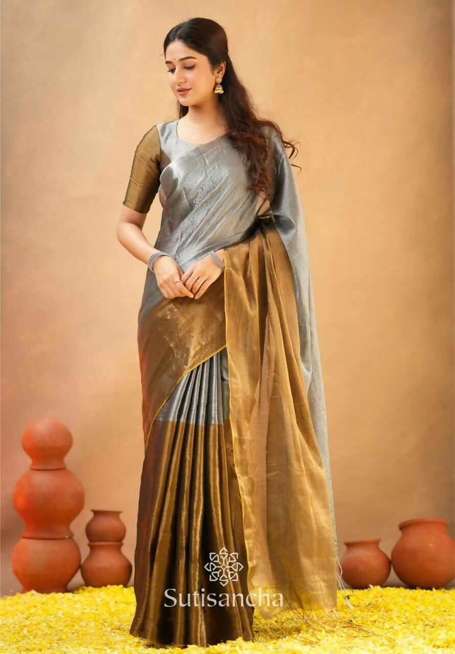 Exclusive Collection Beautiful Gray Copper Tissue Silk Hand Weaving Handloom Saree With Running Blouse Piece | Grocsy