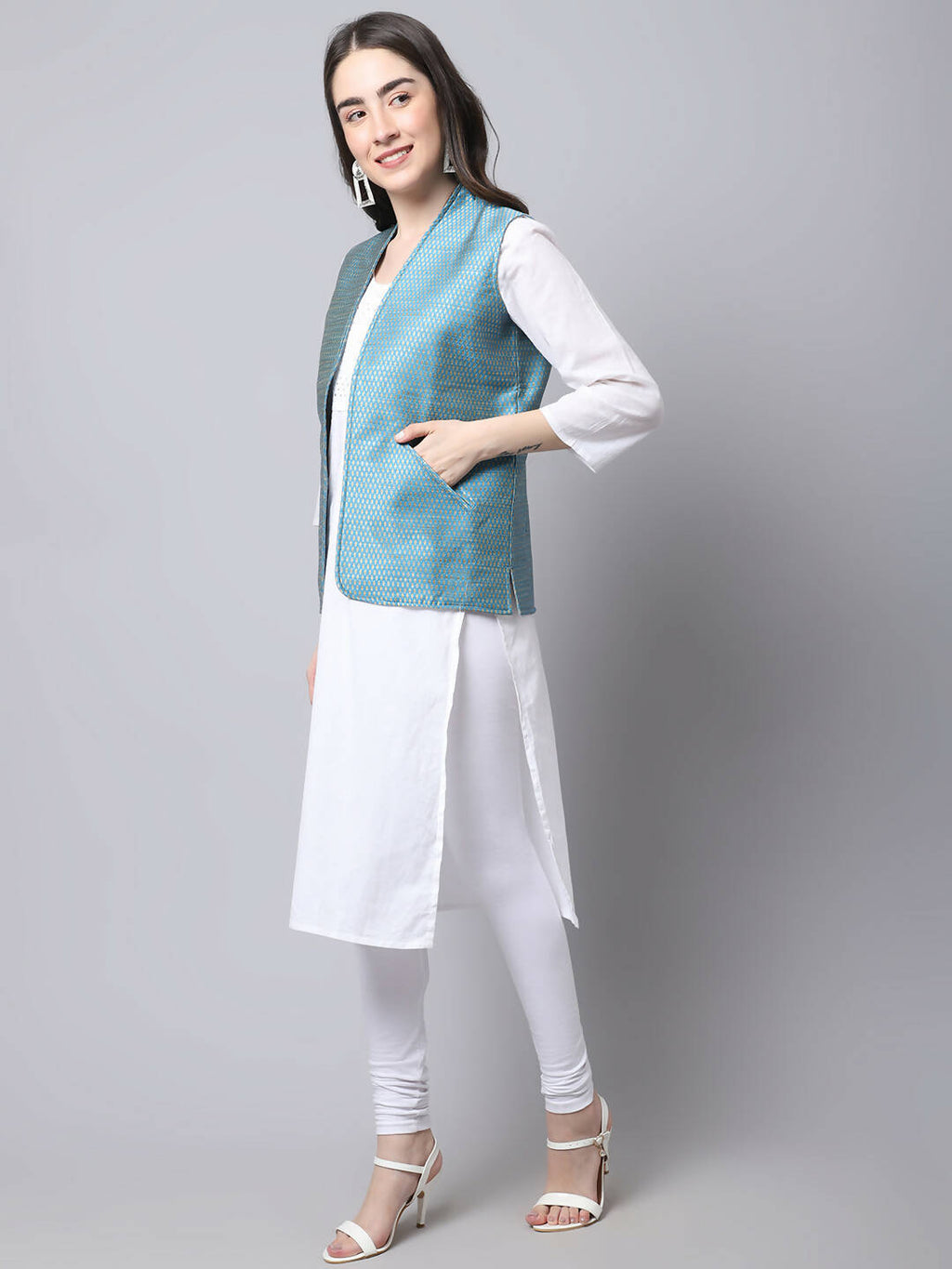 Even Apparels Blue Bansari Silk Open Front Gillet | Grocsy