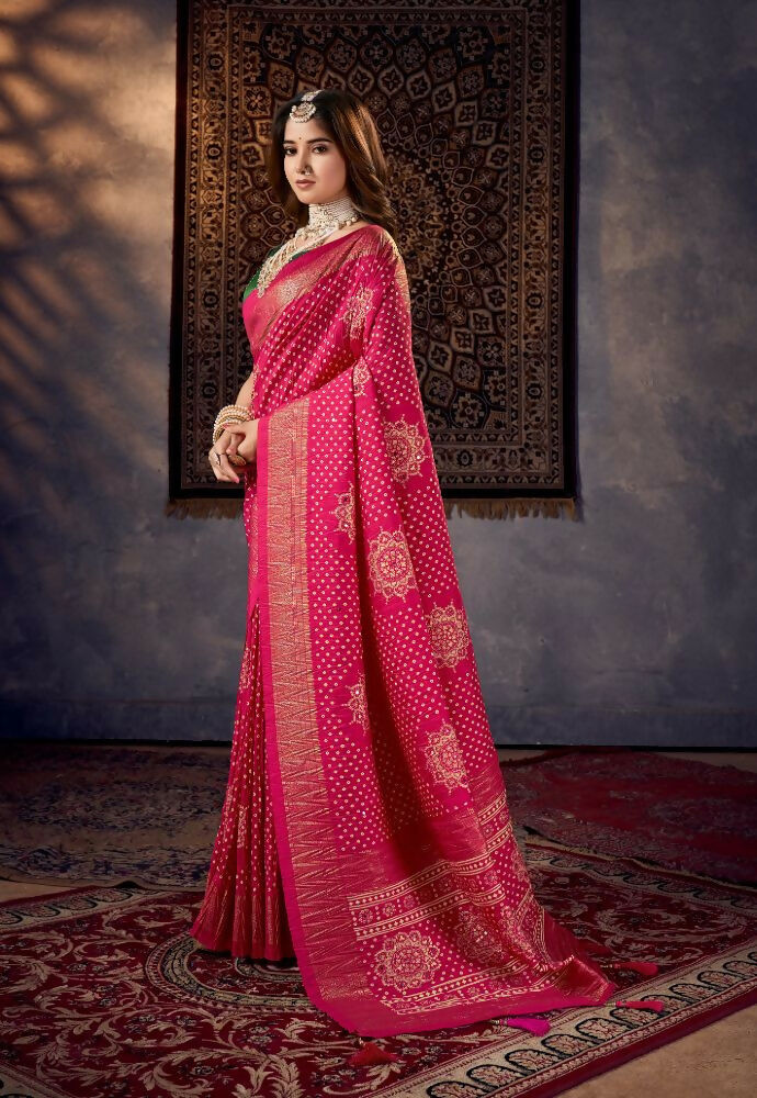 Joban Fashion Rani Dola Silk Foil Print Zari Border Work Saree | Grocsy