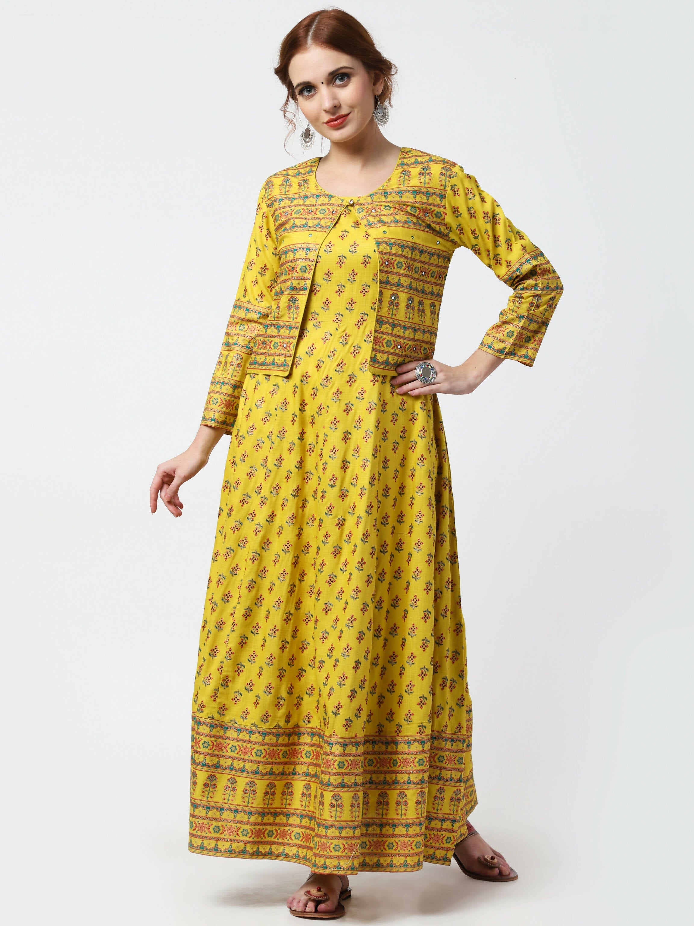 Cheera Women's Mustard Viscose Cotton Long Kalidar Kurta With Jacket | Grocsy