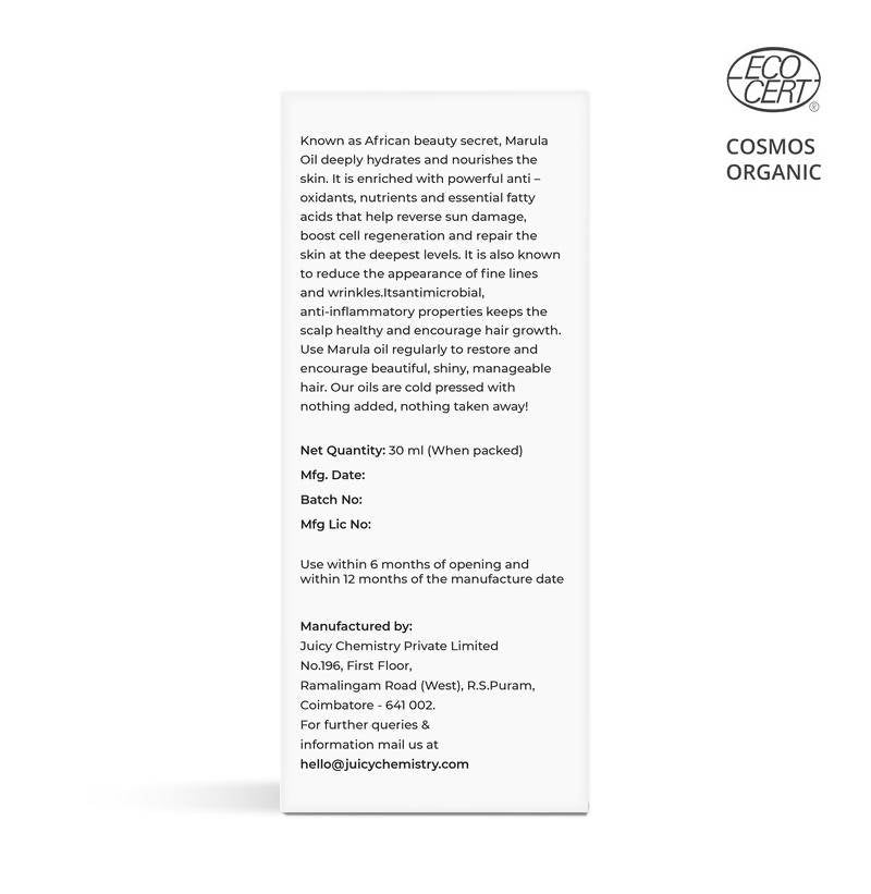 Juicy Chemistry Cold Pressed Marula Carrier Oil | Grocsy