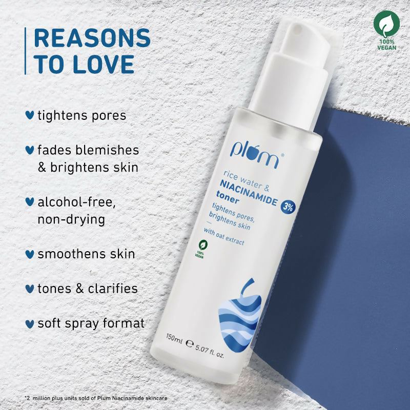 Plum 3% Niacinamide Alcohol-Free Toner With Rice Water and 10% Niacinamide Brightening Face Serum Combo | Grocsy
