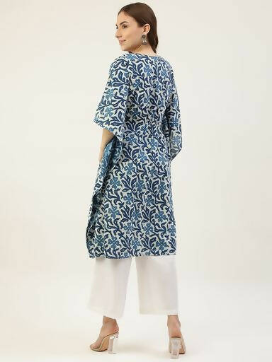 FIORRA Women's Printed Pure Cotton Kaftan Kurta - Blue | Grocsy