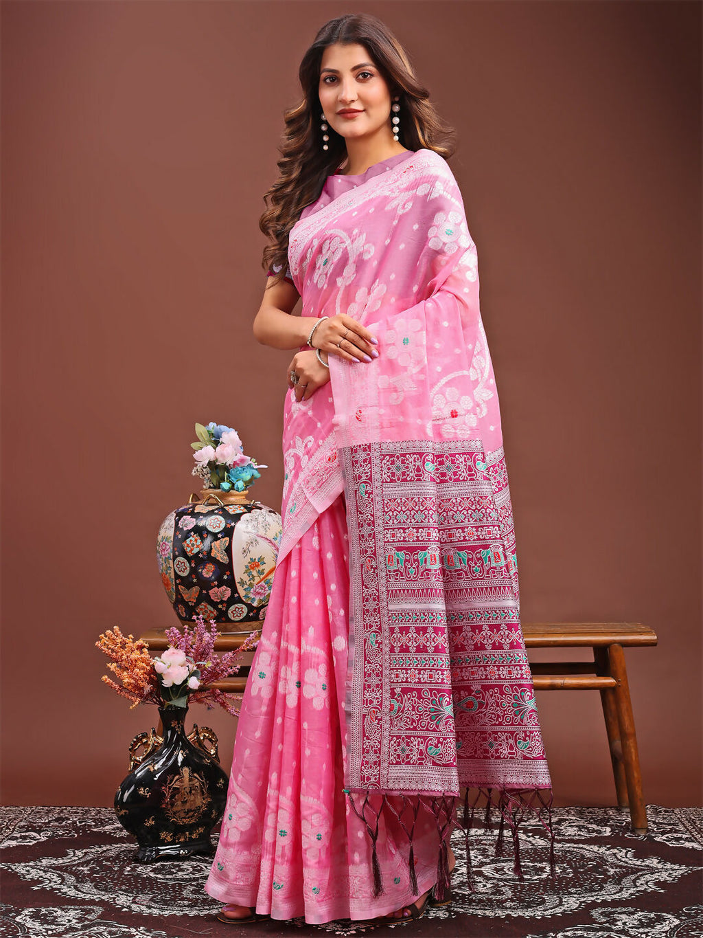Shree Shyam Fashion Anaya Pink Linen Cotton Saree | Grocsy