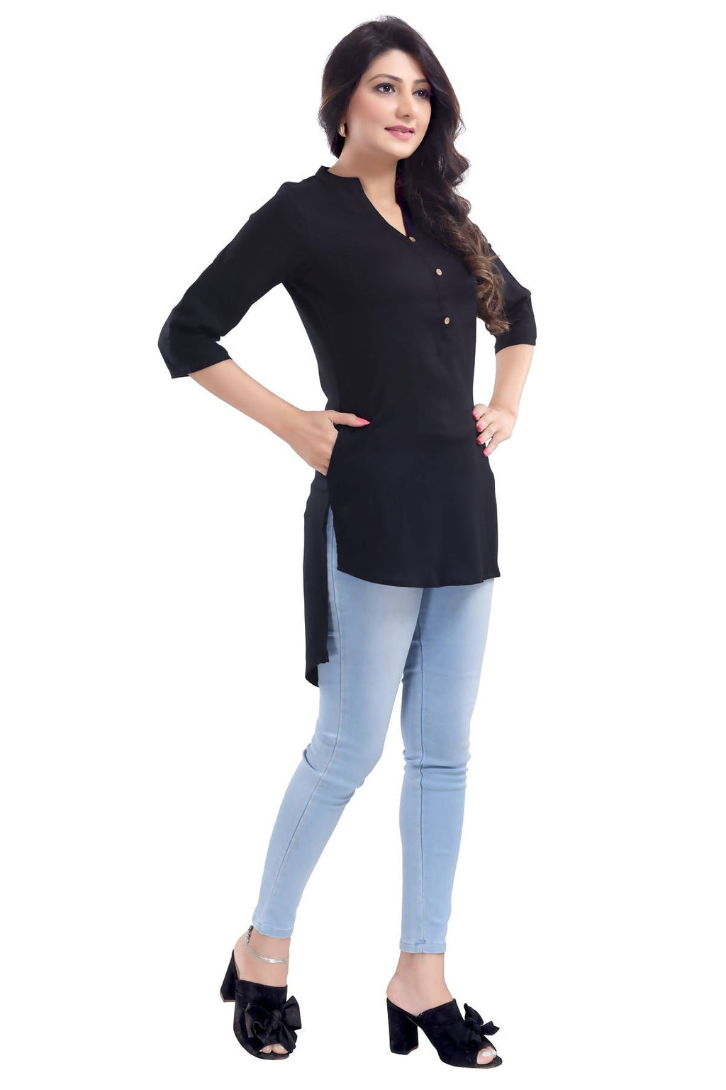 Snehal Creations Beauteous Black Button Down Styled Rayon Kurti For Women | Grocsy