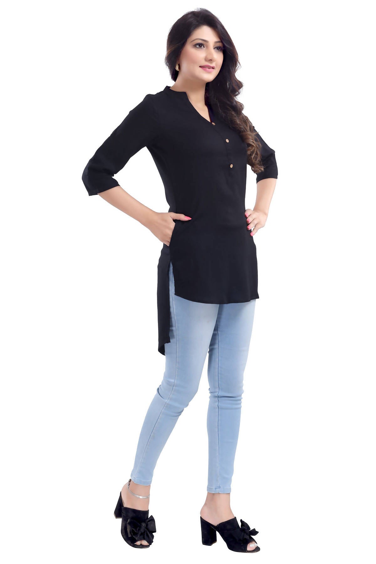 Snehal Creations Beauteous Black Button Down Styled Rayon Kurti For Women | Grocsy
