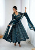 Teeya Creation Teal Color Heavy Crunchy Silk Embroidery Work Gown | Grocsy