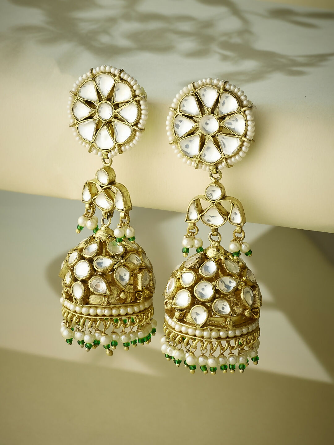 Nuyug 22K Gold-Plated Kundan Stone Studded & Pearl Beaded Dome Shaped Jhumkas | Grocsy