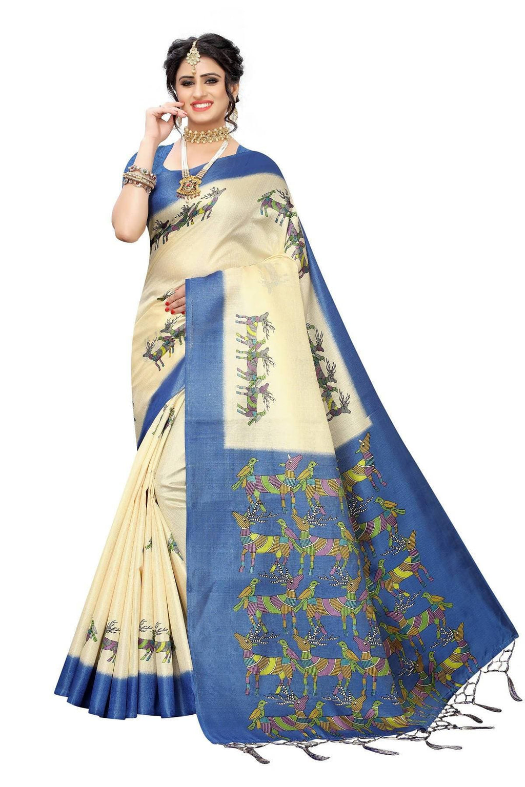 Vamika Multicolor & Blue Kalamkari With Jhalar Khadi Silk Saree | Grocsy
