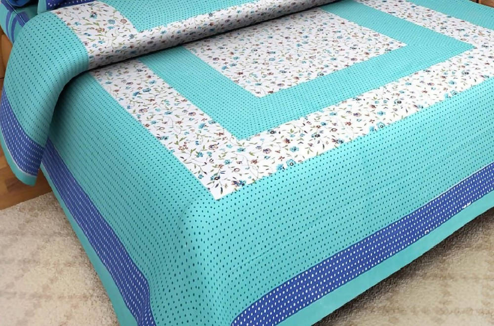 Vamika Printed Cotton Latest Sea Green Bedsheet With Pillow Covers (LEOC_BIND_SG) | Grocsy