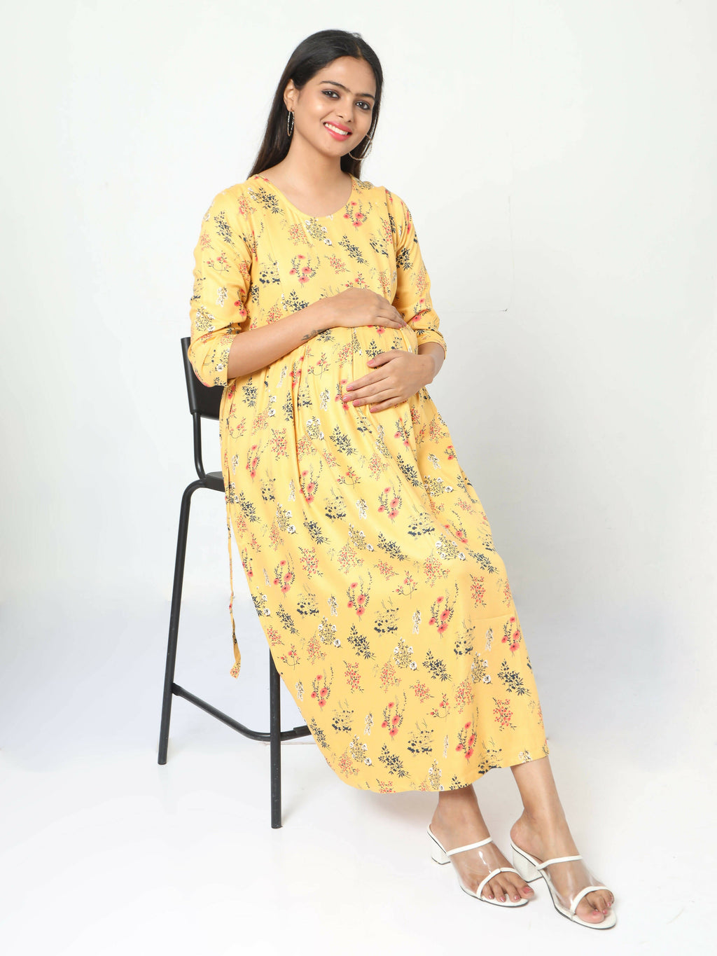 Manet Three Fourth Maternity Dress Floral Print With Concealed Zipper Nursing Access - Yellow | Grocsy