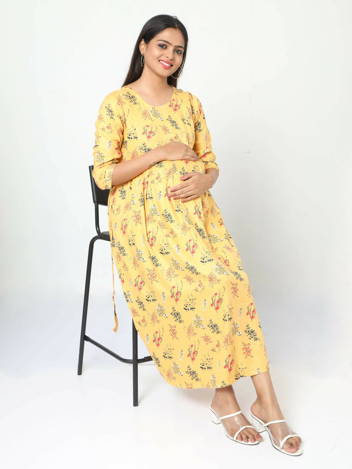 Manet Three Fourth Maternity Dress Floral Print With Concealed Zipper Nursing Access - Yellow | Grocsy