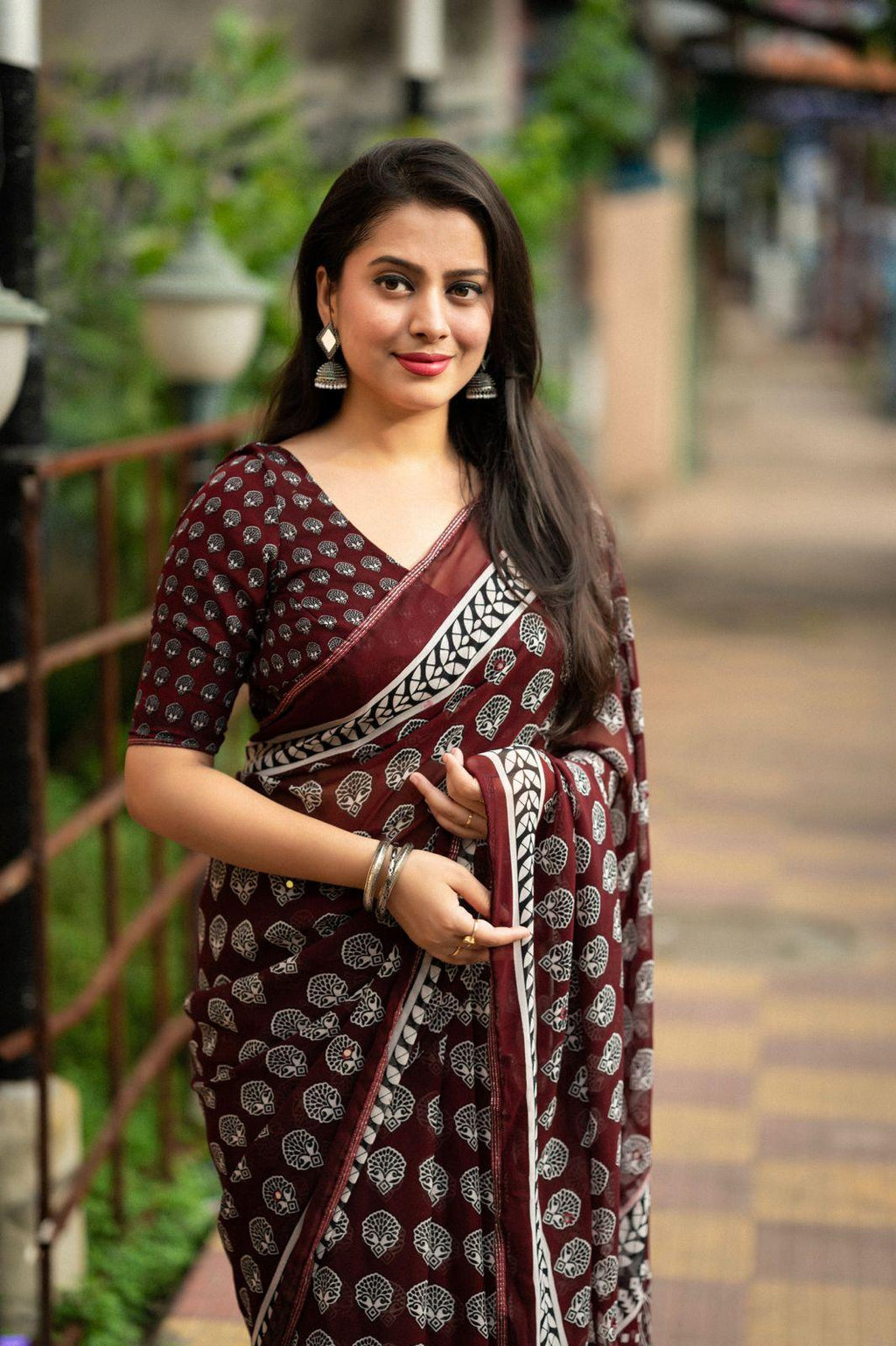 Maroon Poly Georgette Ajrak Saree with Unstitched Blouse - A2M | Grocsy
