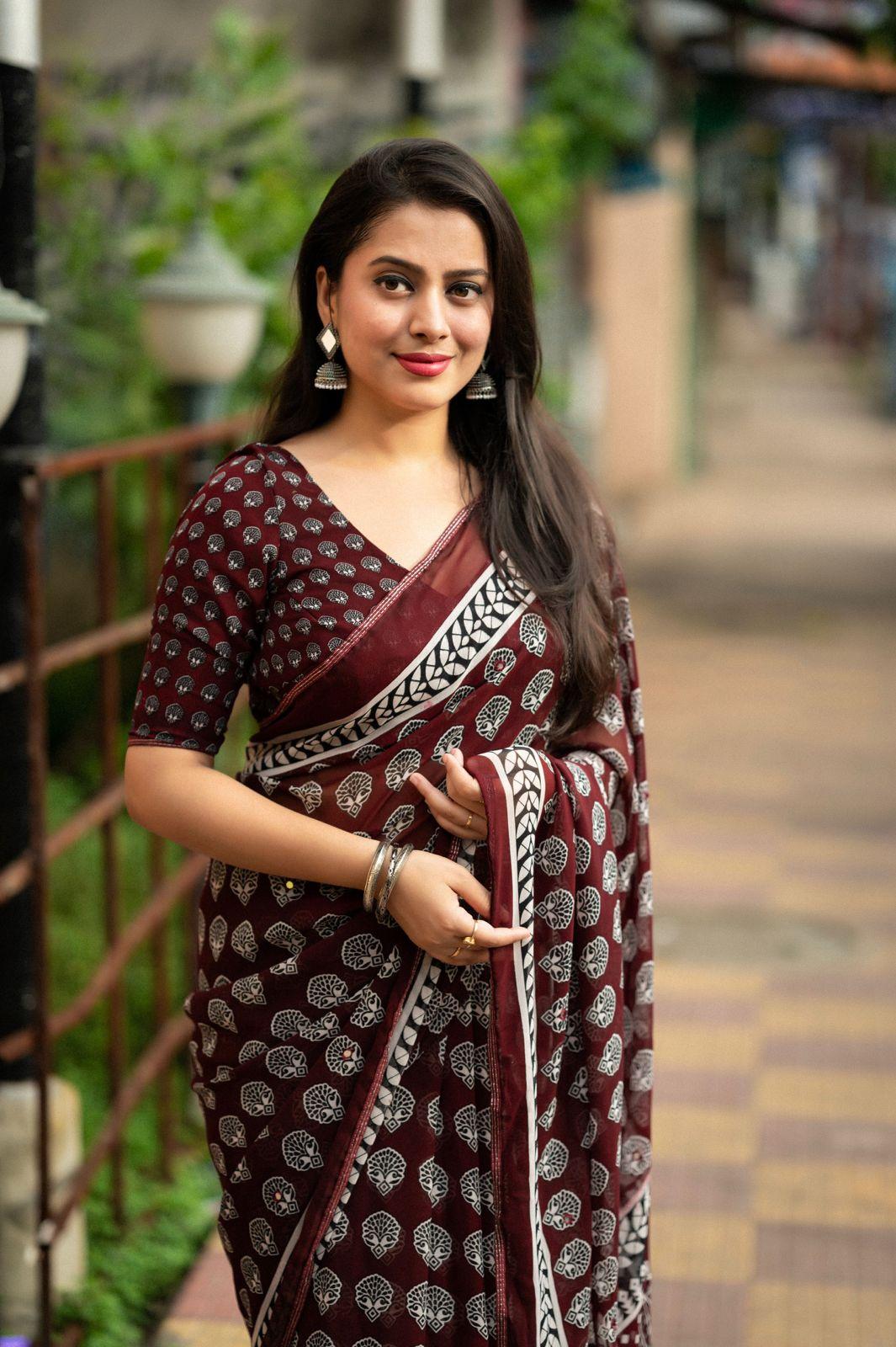 Maroon Poly Georgette Ajrak Saree with Unstitched Blouse - A2M | Grocsy