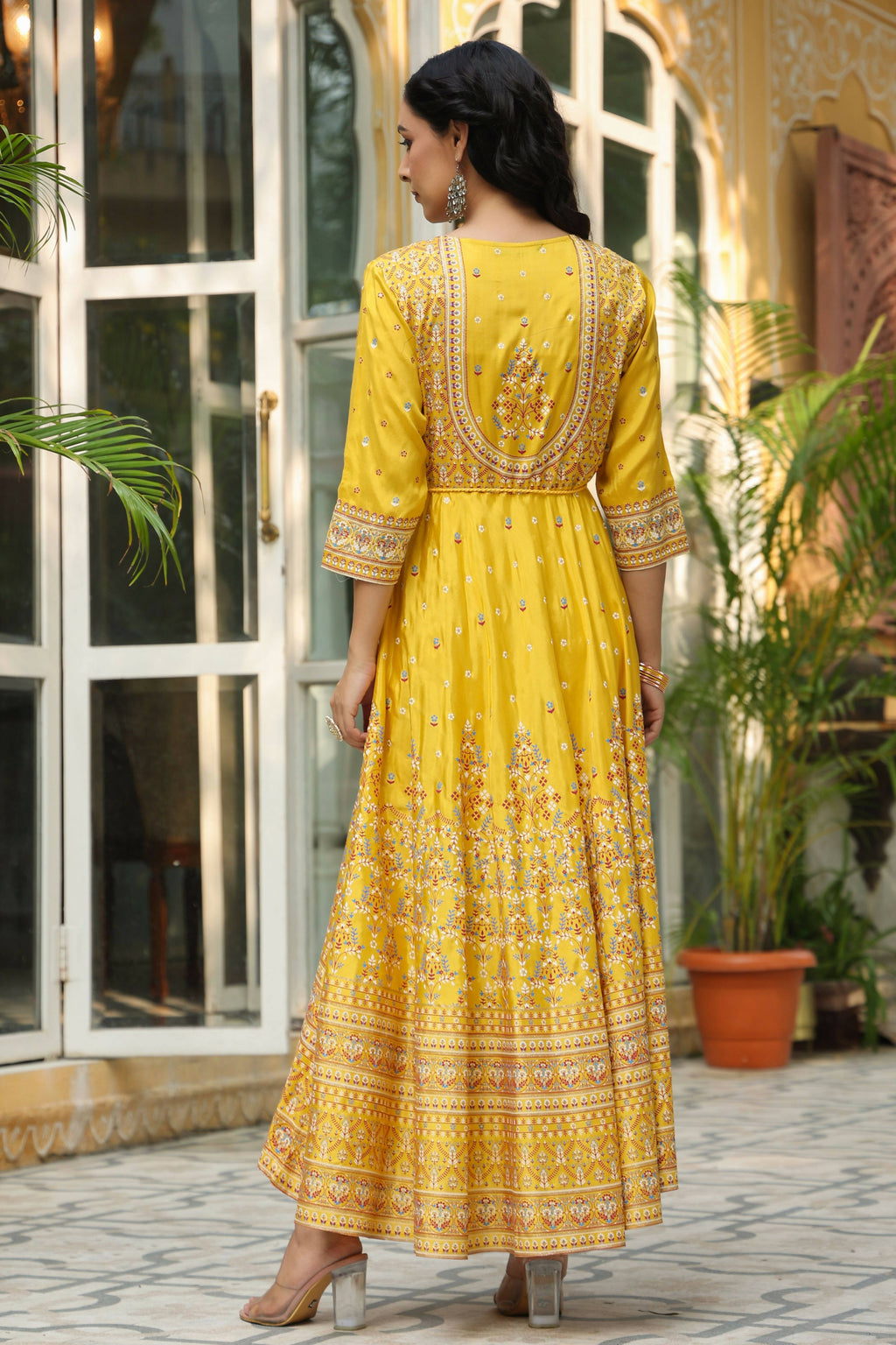 Juniper Women's Mustard Viscose Shantoon Festive Printed Flared Dress | Grocsy