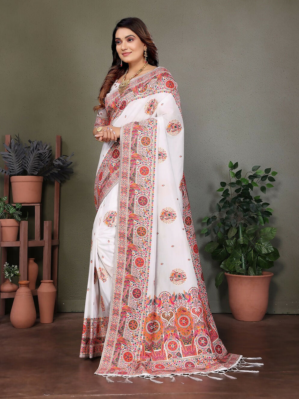 Joban Fashion White Thread Woven Pashmina Sarees | Grocsy