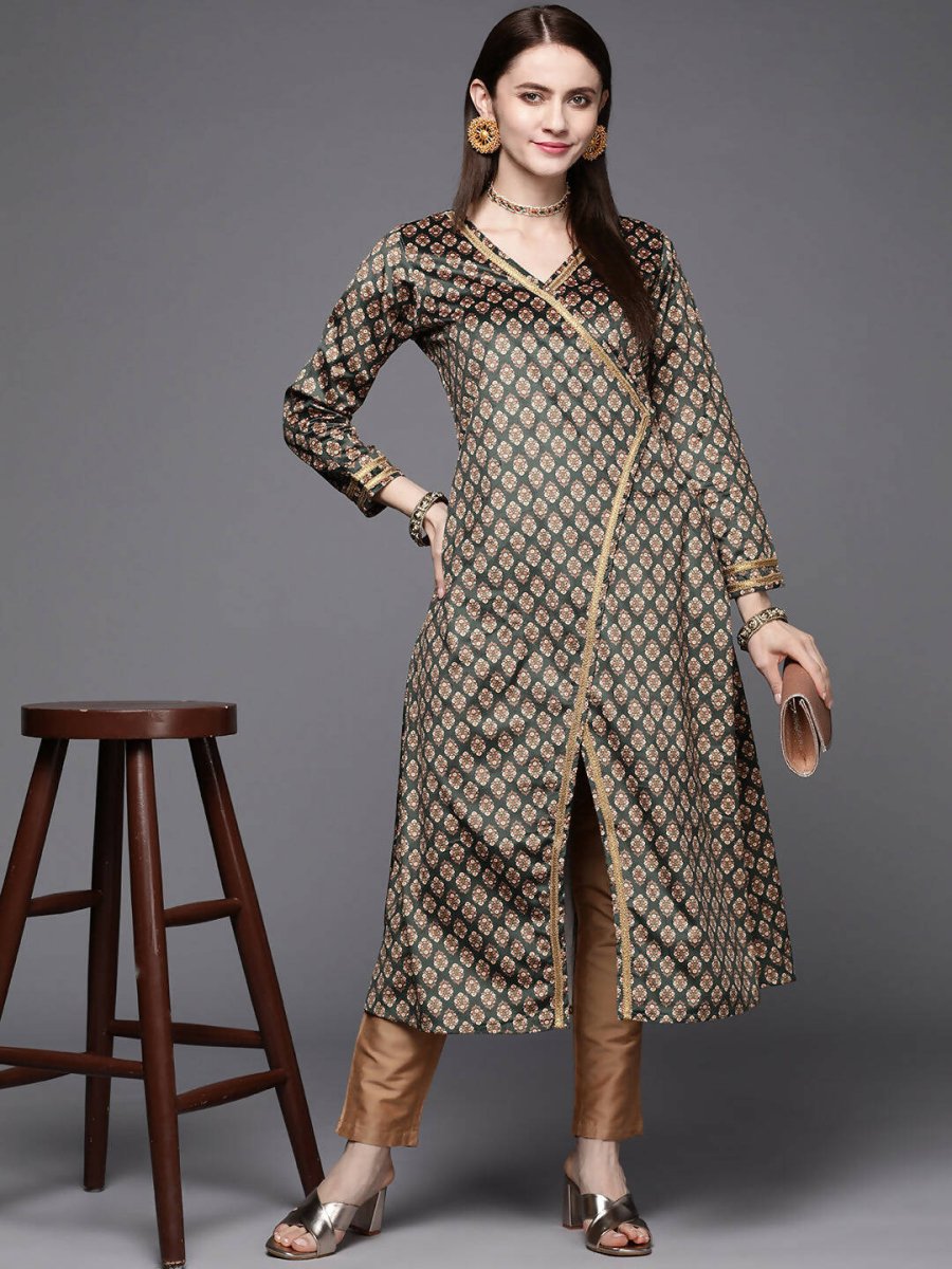 Ahalyaa Women Green & Cream-Coloured Floral Printed Velvet Kurta | Grocsy