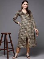 Ahalyaa Women Green & Cream-Coloured Floral Printed Velvet Kurta | Grocsy