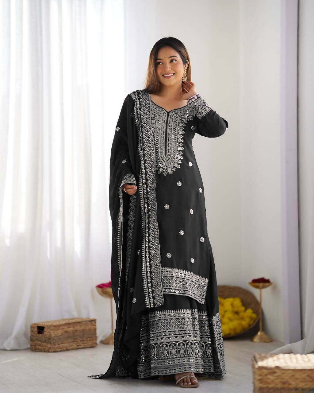 Joban Fashion Black Kurta Set Silk Sequins , Zari, Coding & Thread Embroidered work | Grocsy