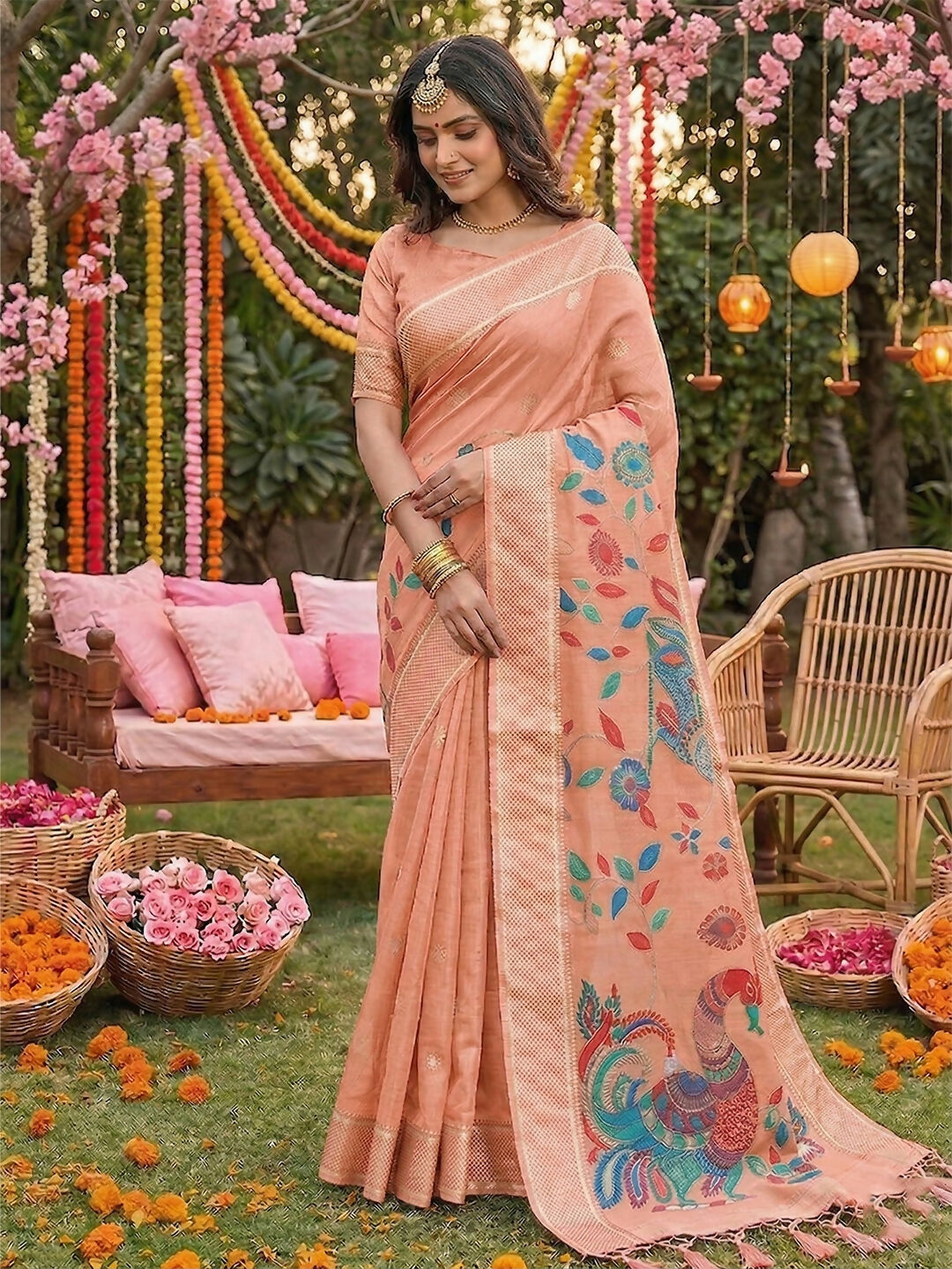 Shree Shyam Fashion Peach Linen Cotton Saree | Grocsy