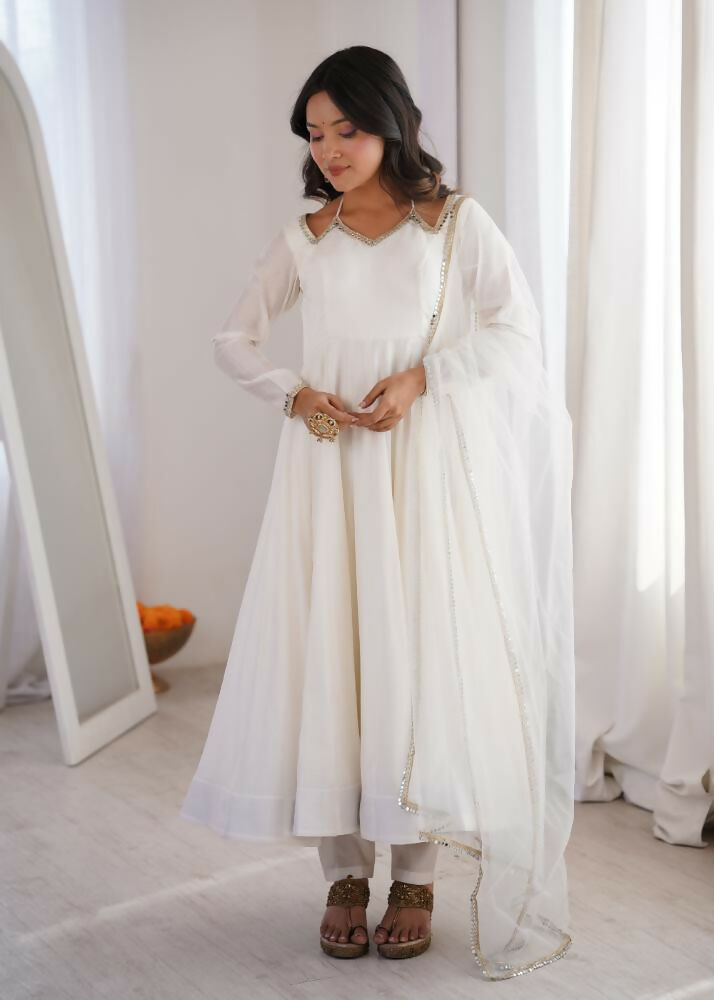 Lehenga Mart Designer Anarkali Suit With Kurta, Pant, Dupatta For Women-White | Grocsy