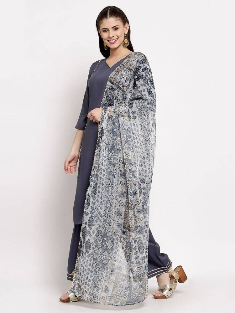 Myshka Women's Grey Cotton Solid 3/4 Sleeve V Neck Casual Kurta Palazzo Dupatta Set | Grocsy
