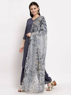 Myshka Women's Grey Cotton Solid 3/4 Sleeve V Neck Casual Kurta Palazzo Dupatta Set | Grocsy