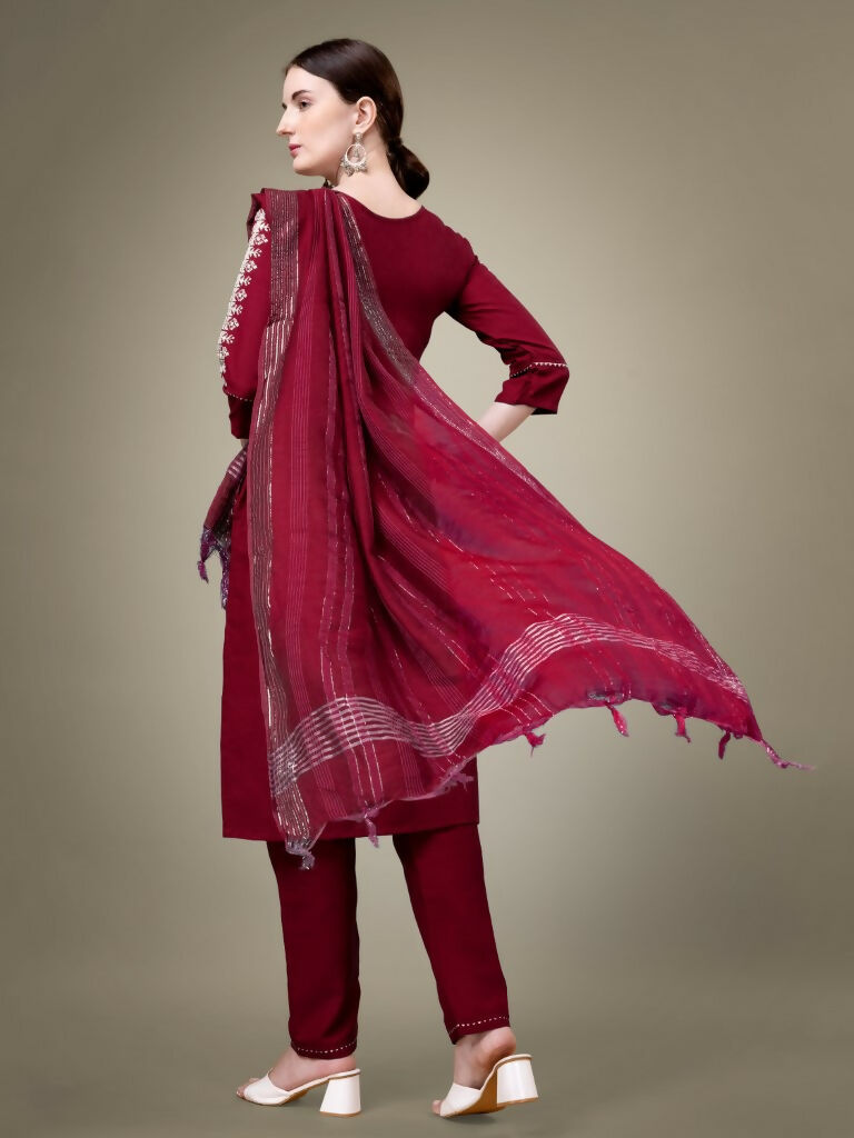 Jyoti Fashion Women's Maroon Cotton Blend Embroidery & Sequence work Kurta with Trouser & Dupatta | Grocsy