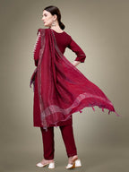 Jyoti Fashion Women's Maroon Cotton Blend Embroidery & Sequence work Kurta with Trouser & Dupatta | Grocsy