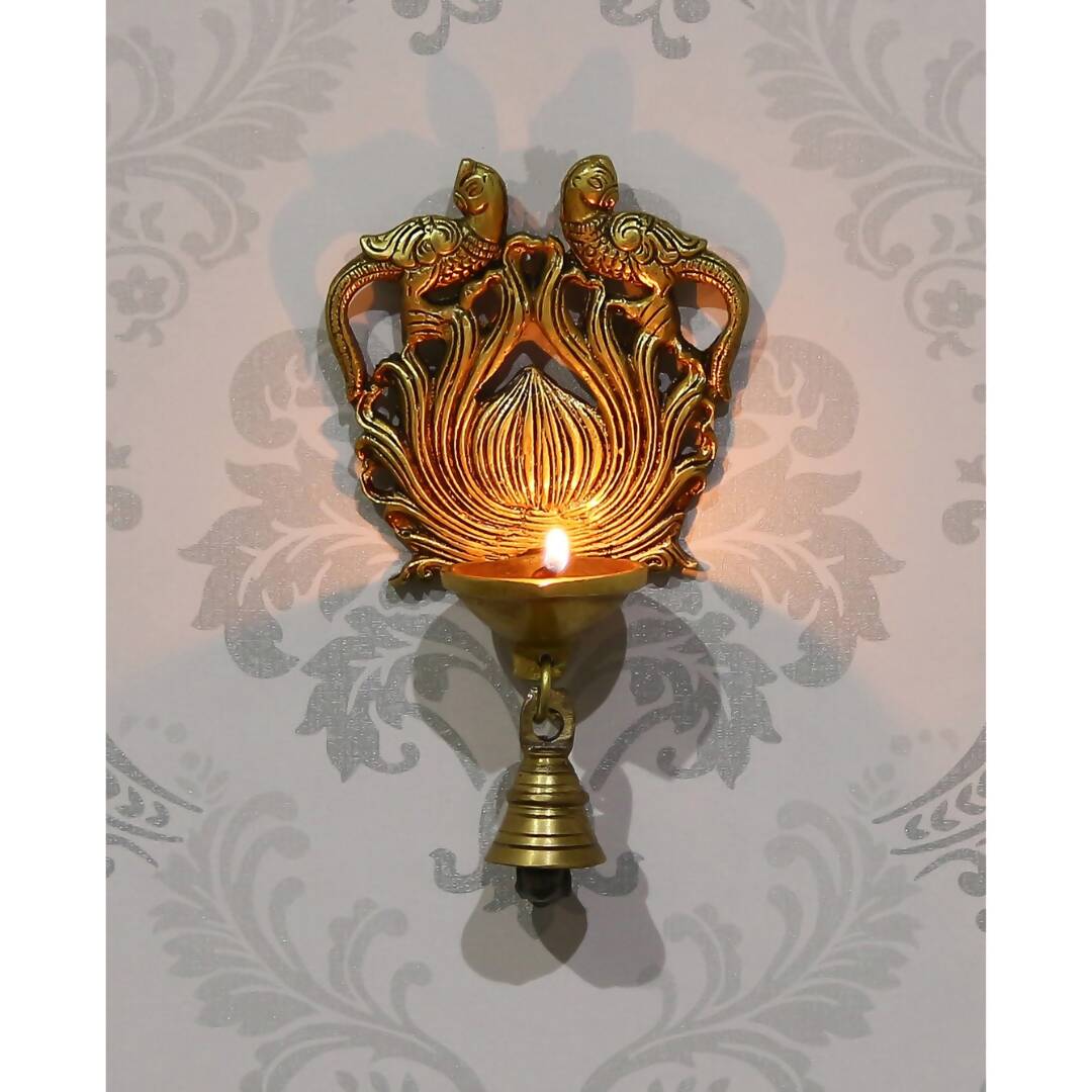 eCraftIndia Gold-Toned Handcrafted Antique Finish Diya with Bells Decorative Wall Hanging Showpiece | Grocsy