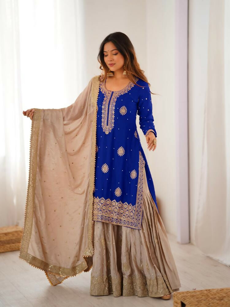 Lehenga Mart Designer Sharara Suit With Kurta, Sharara, Dupatta For Women-Blue | Grocsy