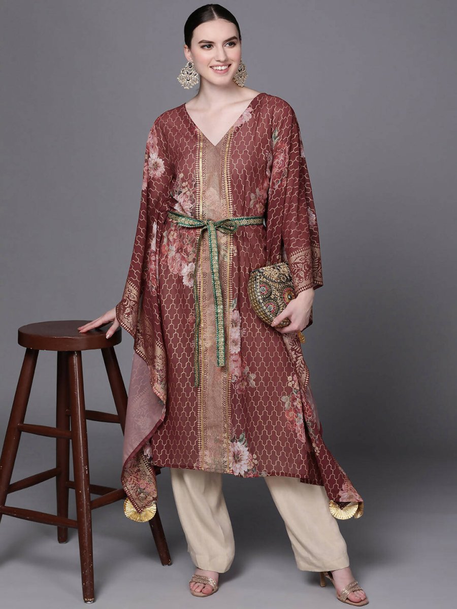 Ahalyaa Women Maroon Floral Printed Flared Sleeves Kaftan Kurta | Grocsy