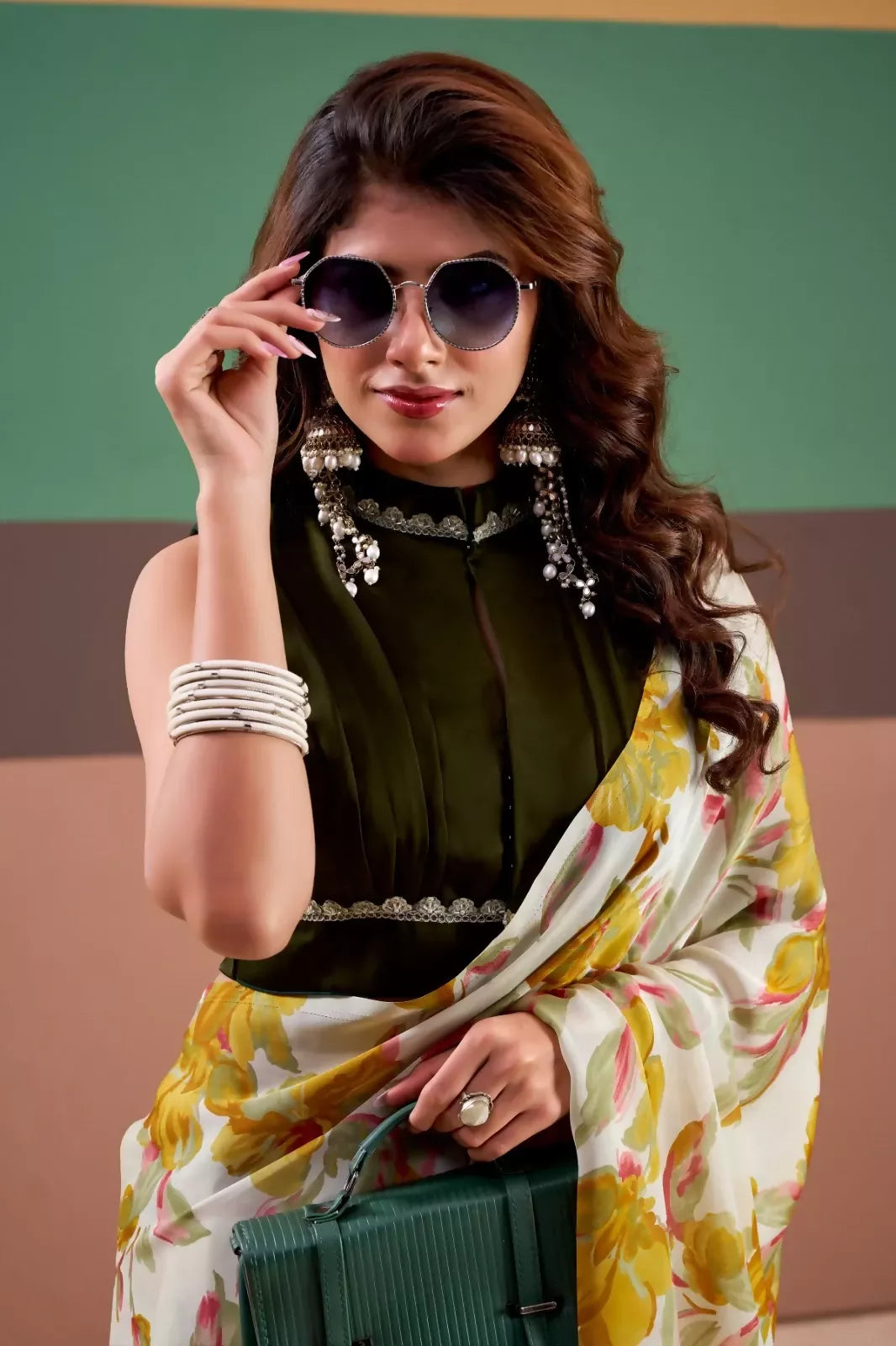 Vastranavya Yellow Satin Silk Floral Printed Saree with Stitched Blouse | Grocsy